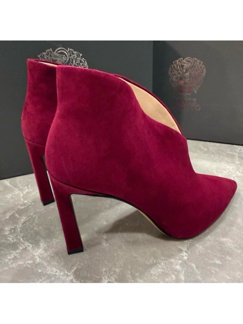 Vince Camuto Sestrind Ribbon Red Pink Suede Pointed Toe Booties Heels 7.5M New - Picture 3 of 6